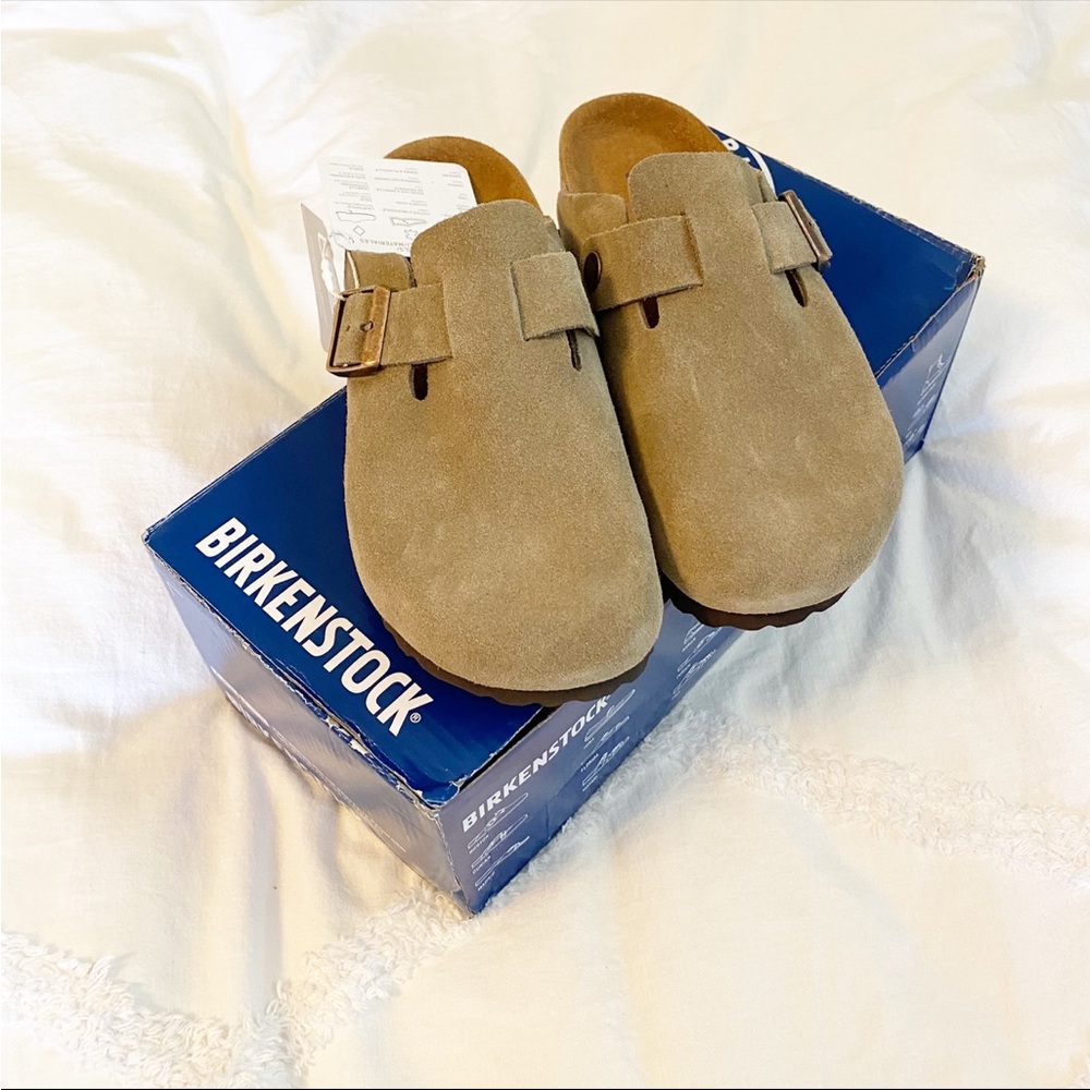 NEW Birkenstock Boston Suede Soft Footbed Slip on clogs mules taupe 36